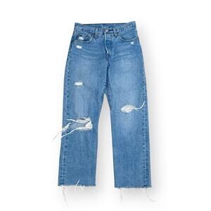 Levis 501 Jeans Womens 24 Blue Button Fly Distressed 100% Cotton Raw Hems